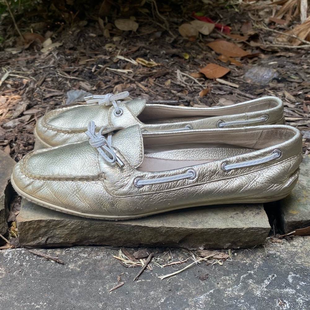 Sperry Gold Boat Shoes Size 8 women Leather Loafers Classic Shoe Shimmer preppy